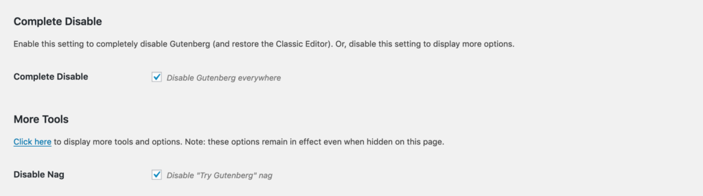 Disable Gutenberg plugin settings