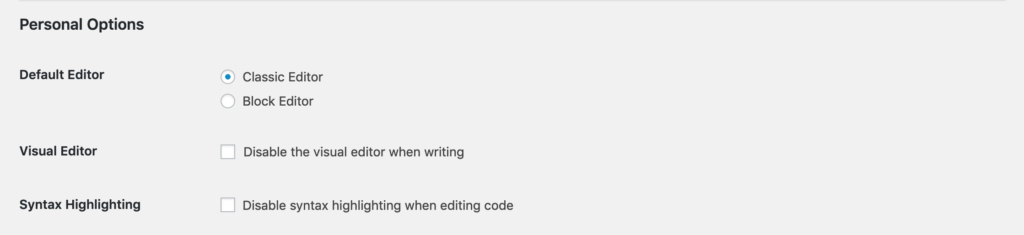 Classic Editor personal settings