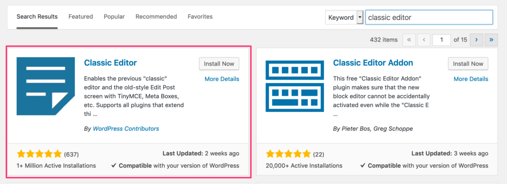 Classic Editor WordPress plugin (search results)
