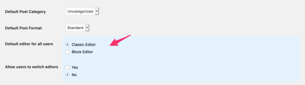 Classic Editor plugin settings