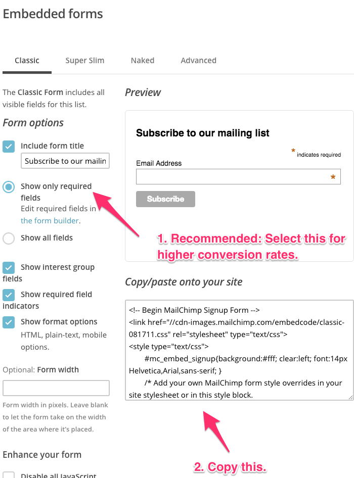 copy mailchimp snippet