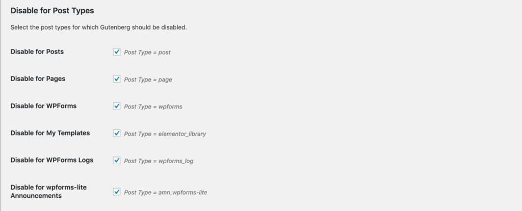 Disable Gutenberg for post types