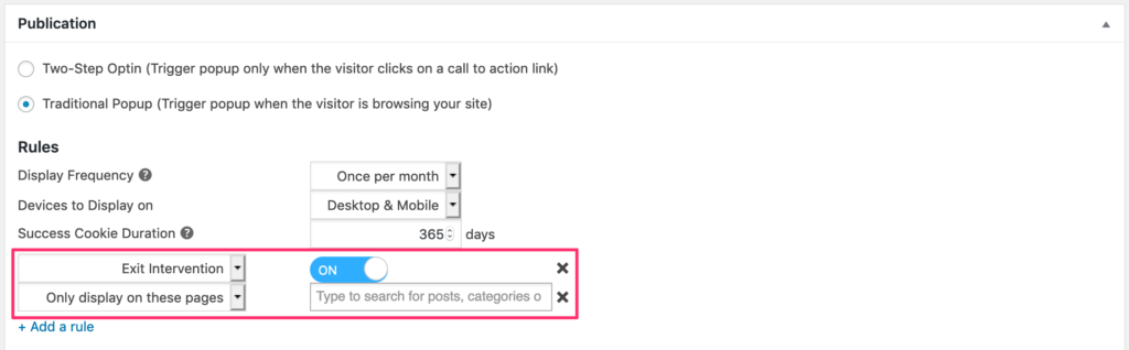 Backend settings for Optin Cat's wordpress exit popup